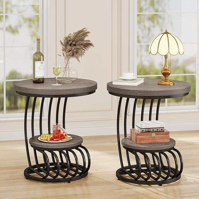 Tribesigns Round End Table: 2 Tiers Wood Side Table Set of 2 with Storage Shelf, Rustic Gray Bedside Nightstand, Accent Table for Living Room, Bedroom