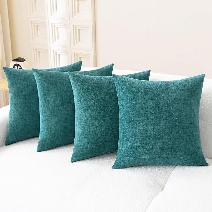 CaliTime Throw Pillow Covers Decorative 18 X 18 Inches Pack of 4 Cozy Chenille Cushion Cases for Couch Sofa Bed Living Room Home Teal