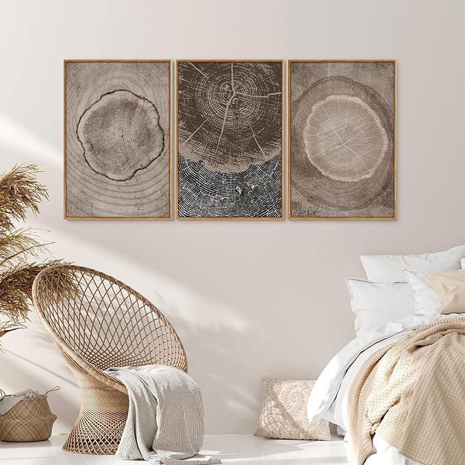 SIGNINART Beige Tree Ring Framed Canvas Wall Art Set, Abstract Black and White Rustic Wood Wall Decor, Neutral Wood Stump Artwork, Modern Art Prints for Bedroom Living Room Office 16