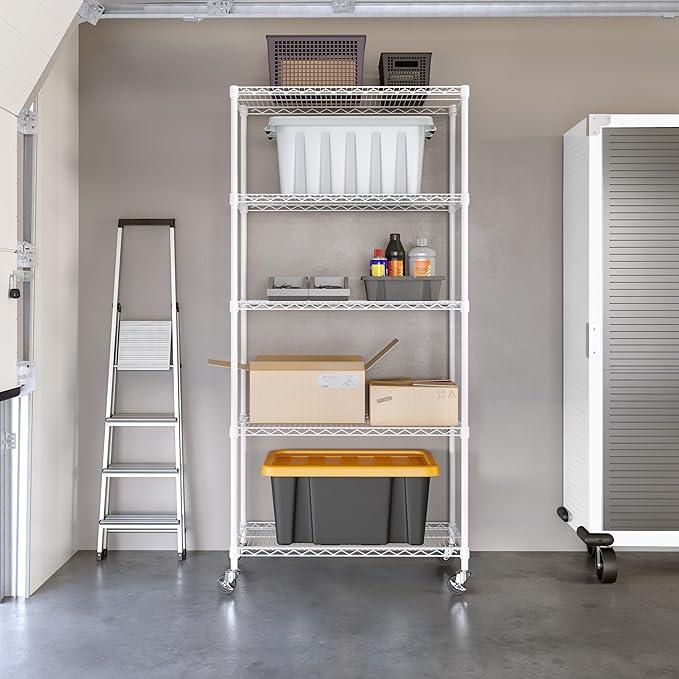 Seville Classics UltraDurable Heavy Duty NSF Solid Steel Wire Rack Storage Unit, Organizer for Garage, Warehouse, Office, Restaurant, Classroom, Kitchen, White, 5-Tier Shelving, 36