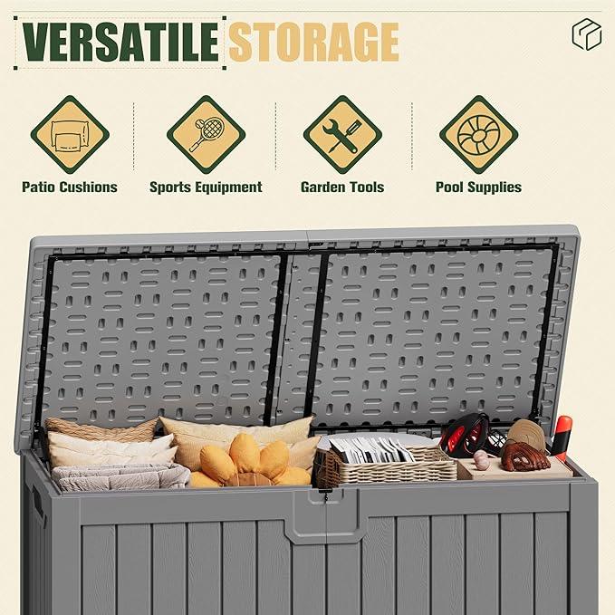 JUMMICO 250 Gallon Outdoor Resin Deck Box with Divider, Waterproof Storage Box with Lockable Lid&Side Handles for Garden Tools, Pools Supplies (Gray)
