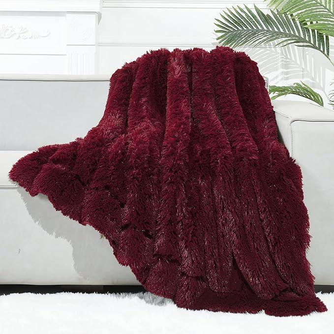 GONAAP Fuzzy Faux Fur Throw Blanket Twin Size Wine Red Super Soft Cozy Plush Fuzzy Shaggy Blanket for Couch Sofa Bed (Wine Red, Twin(60
