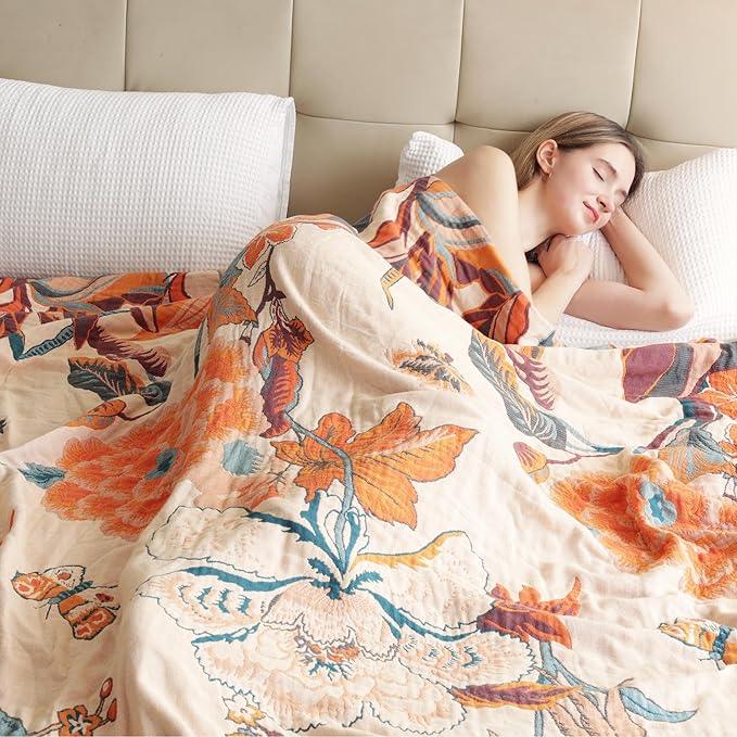 Boho Throw Blanket, 100% Organic Cotton Breathable Soft Lightweight All Season Rustic Bed Throw - Floral Bird Farmhouse Decor Blanket for Sofa Couch Chair Quilt and Gift. 60