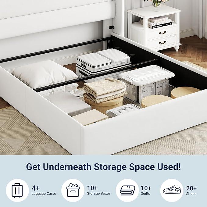 Allewie Full Size Velvet Lift Up Storage Bed, Modern Wingback Headboard, Hydraulic Support, No Box Spring Needed, White