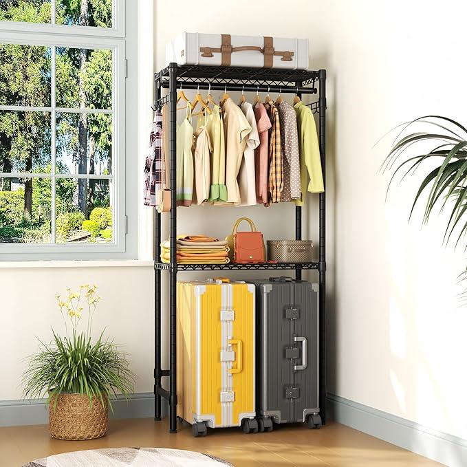 Over Washer and Dryer Shelves,2 Tier Adjustable Height Wire Shelving Laundry Room Storage Organization Clothes Drying Rack with Hanger Rod&Hooks,Space Saving Organizers Shelf,Black