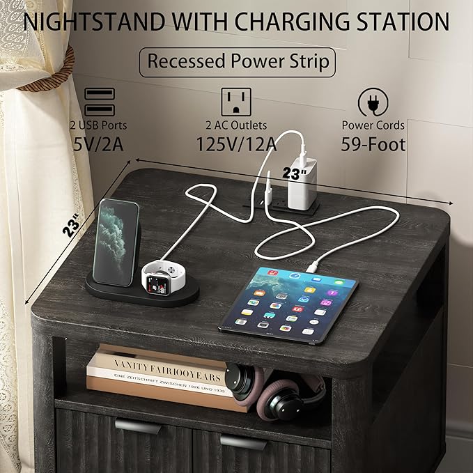 Nightstand Set of 2 with Charging Station, 24