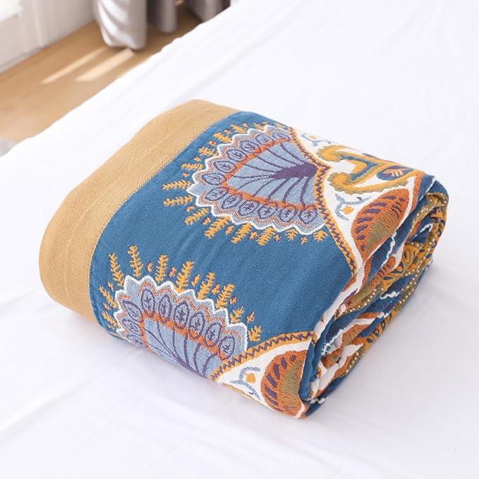 Snycler Boho Throw Blanket for Bed - 100% Cotton Ultra Soft Rustic Quilt Blanket Orange Green Printed Farmhouse Decor Bed Blankets, 80