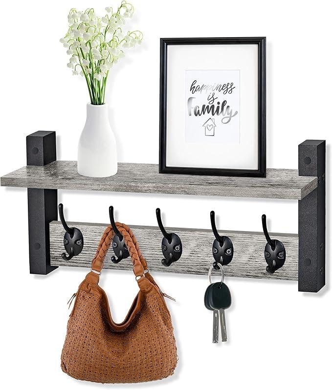 Sorbus Coat Hooks Wall Mount with Shelf – 16 Inch Coat Rack Wall Mount with 5 Heavy Duty Hooks – Floating Wall Shelf with Hooks for Entryway, Bathroom, Bedroom, Kitchen, or Mudroom (Gray)