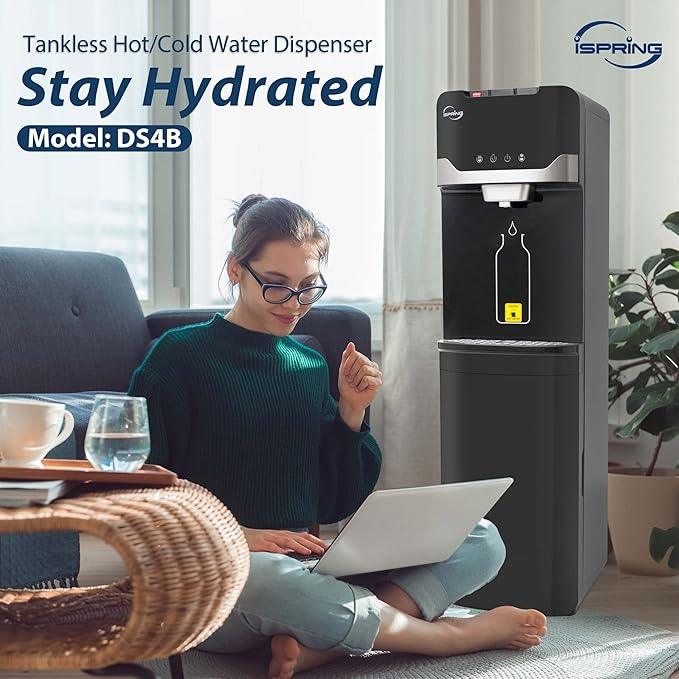 iSpring Bottleless Water Dispenser with Built-in 4-Stage Filtration, Hot/Cold/Room Temp, Self Cleaning, Stainless Steel, Model: DS4B