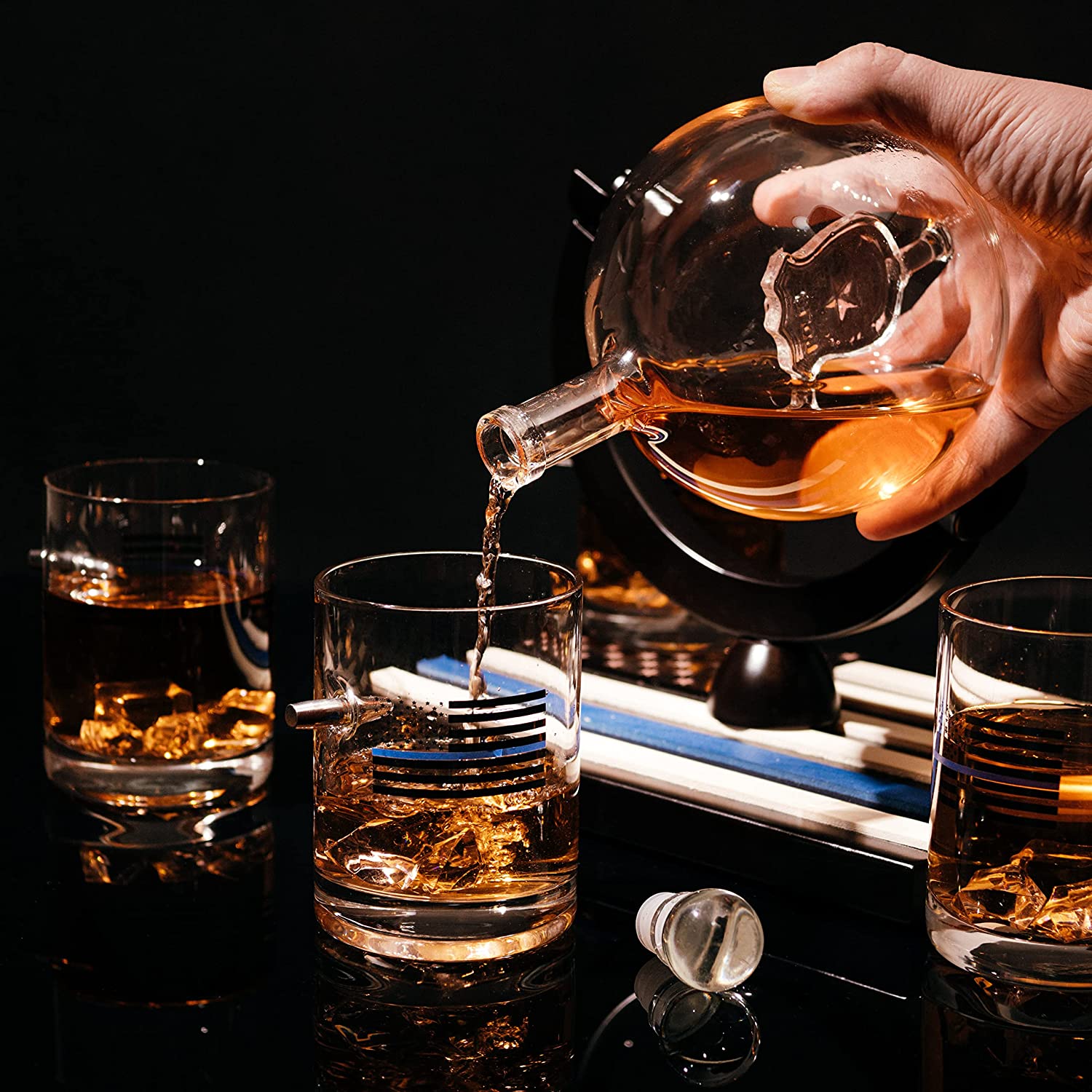 Police Officers Decanter - Whiskey and Wine Set 850ml & Four 10oz Glasses, Thin Blue Line Flag Base - Law Enforcement Gifts, Police & Police Academy, Gift Set First Responders! Gifts for Dad