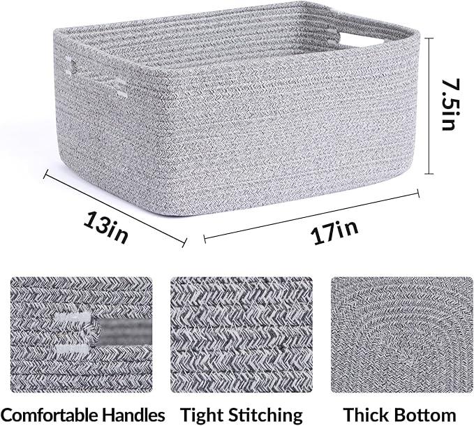 Large Storage Baskets for Shelves, Closet Organizers Bins for Clothes Blanket Towels, Baby Nursery, Toy Baskets Box, Woven Rope Baskets, 17 x 13 x 7.5”, 3 Packs Mixed Grey