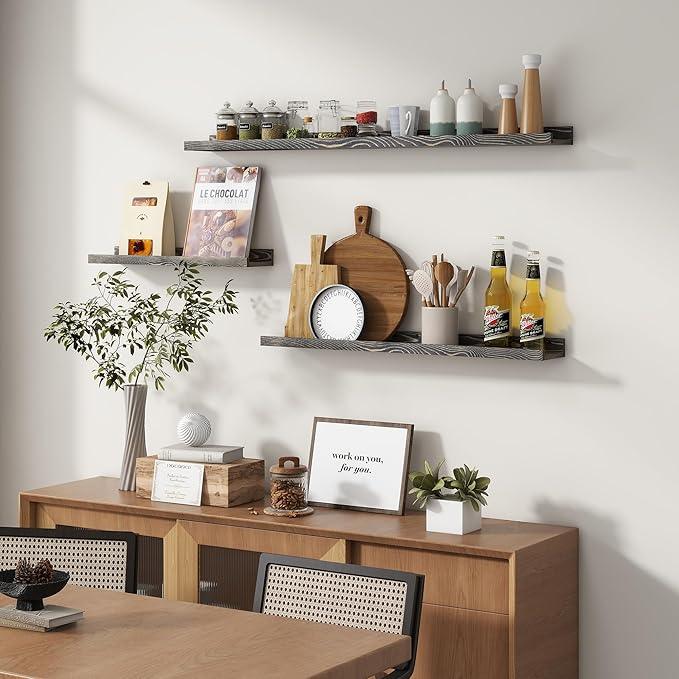 Picture Ledge Wall Shelves - 24 Inch Width Set of 3, Solid Pine Wood Rustic Floating Ledge Shelves for Kids' Room, Bedroom, Kitchen, Bathroom, Living Room, Nursery Display Wall Decor, Grey