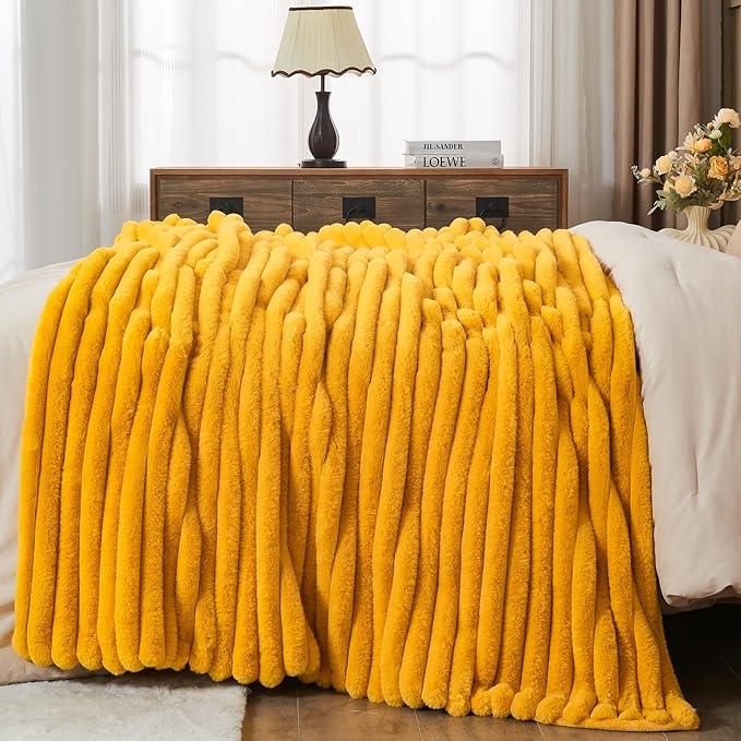 NEWCOSPLAY Faux Fur Throw Blanket Mustard Yellow 3D Ribbed Plush Thick Warm Blanket for Couch Sofa Bed 850GSM (Mustard Yellow Ribbed, Throw(50