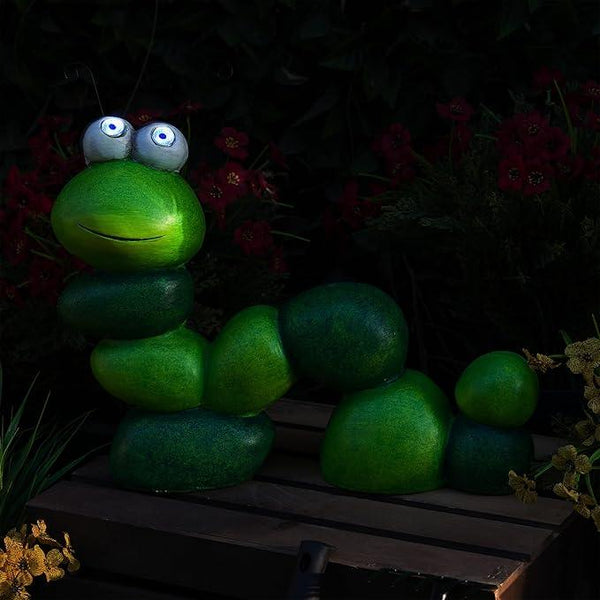 Alpine Corporation YEN608SLR Caterpillar Statue with Light Up Eyes, Solar Powered LED Caterpillar Garden Statue, 16