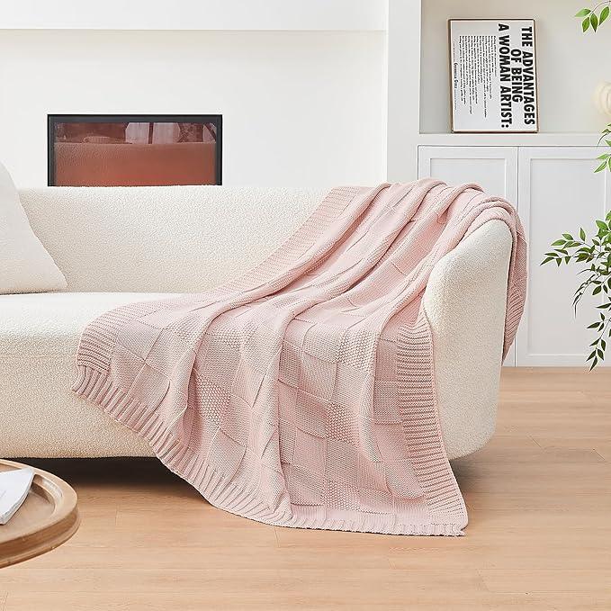 CozeCube Check Knit Throw Blanket, Pink Checkered Throw for Couch, Decorative Christmas Soft Cozy Warm Knitted Blanket for Bed Sofa Living Room, 50