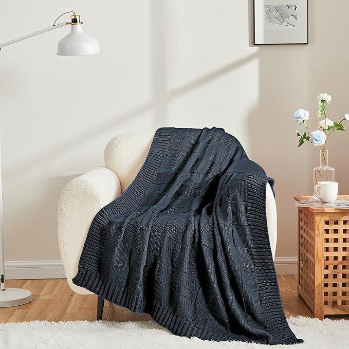 CozeCube Check Knit Throw Blanket, Midnight Navy Checkered Throw for Couch, Decorative Christmas Soft Cozy Warm Knitted Blanket for Bed Sofa Living Room, 50