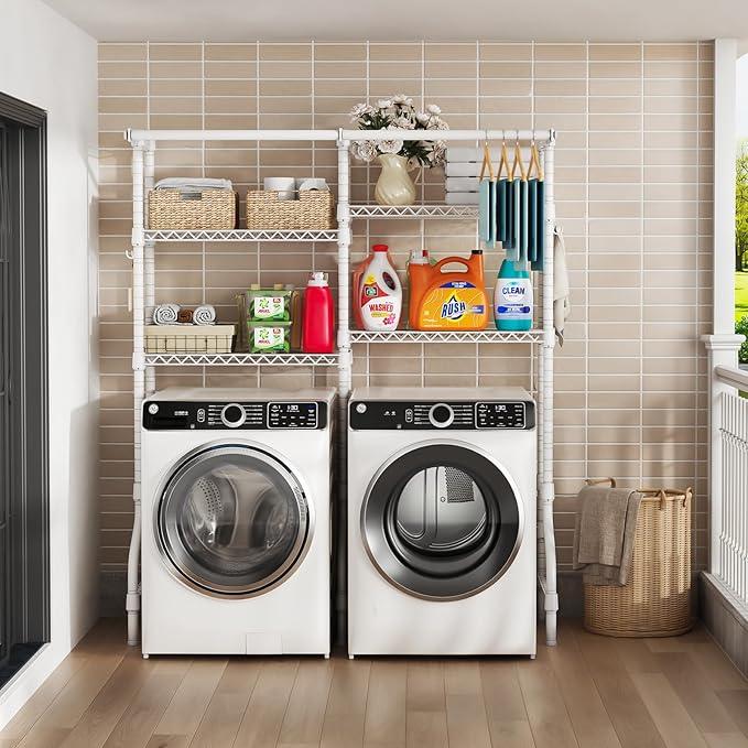 U14 Over Washer and Dryer Storage Shelves, 4 Tiers Laundry Room Storage and Organizer System, Space Saving Clothes Drying Rack with 2 Clothes Hanger Rods, 66.5