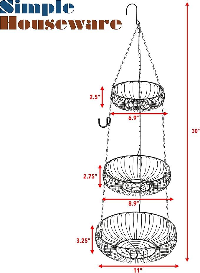 Simple Houseware Adjustable Metal Hanging Fruit Basket, Oblate, Black, 11
