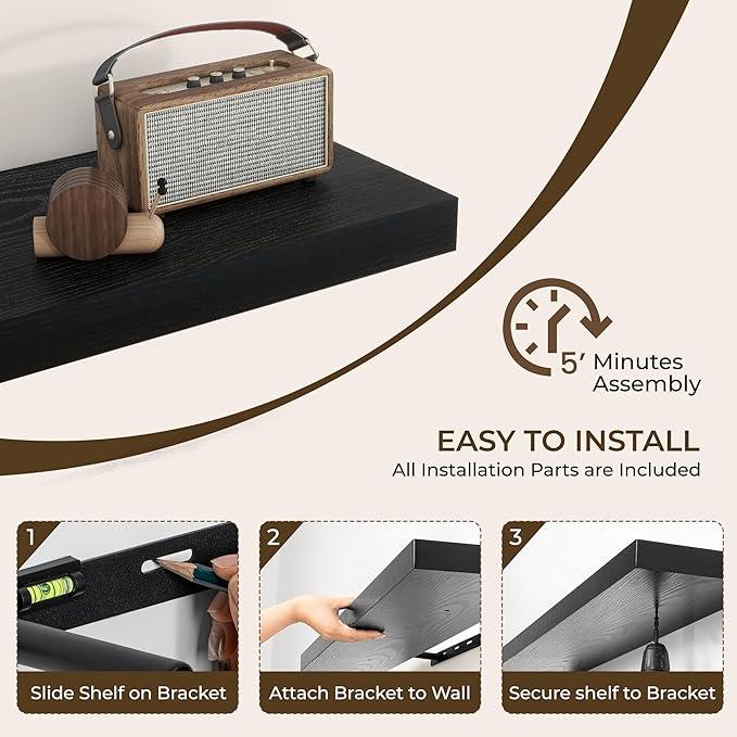 RICHFOCUS 48Inch Floating Shelves for Wall 2 Pack Shelves for Bedroom|Kitchen|Bathroom Wall Mounted Rustic Wood Floating Shelf with Invisible Brackets for Books|Storage|Decor, Black