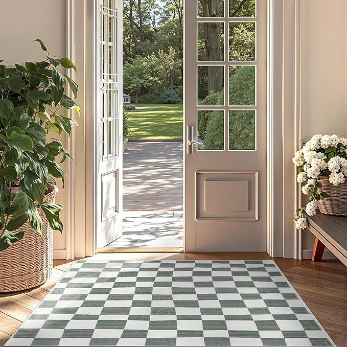 jinchan 3x5 Checkered Area Rugs for Kids Room - Machine Washable Soft Rug Modern Geometric Lattice Non-Slip Carpet for Nursery Playroom Bedroom Entryway Living Room Dining Room Home Office Grey