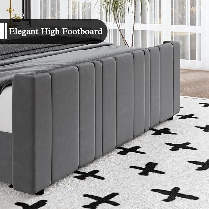 HOMBCK Full Bed Frame with Headboard, Upholstered Platform Bed Full Size with Velvet Headboard & Footboard/Vertical Channel Tufted/Wooden Slats/Noise Free/No Box Spring Needed/Easy Assembly, Grey