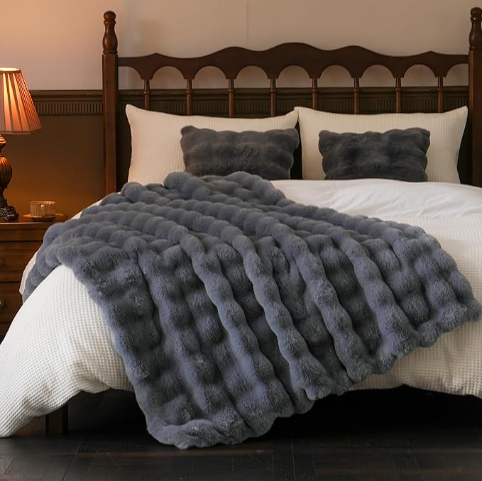 BENVWE Faux Fur Throw Blanket for Couch - Thickened Fluffy Soft Bubble Blanket for Living Room Home Decor - Fathers Day Birthday Gifts for Women Men, Grey, 50