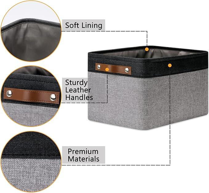 DULLEMELO Canvas Storage Bin with Handles, Fabric Bins for Shelves, Bedroom, Office,Nursery,Fabric Storage Baskets for Toys, Clothes,Gift(Black&Grey,15