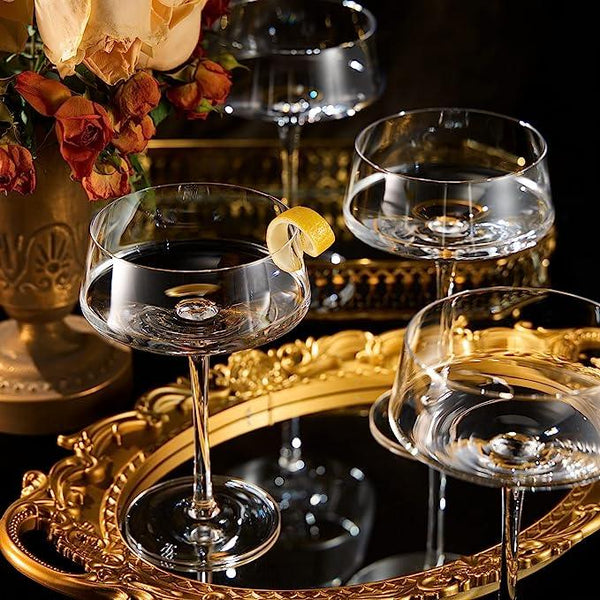Luxury Martini Glass Set of 4 | 10oz | Crystal Luxury Martini with Silver Spoon, Premium Hand-Blown | Classic Cocktail & Champagne Clear Coupes For Manhattan, Cosmopolitan, Sidecar, Speakeasy Goblets