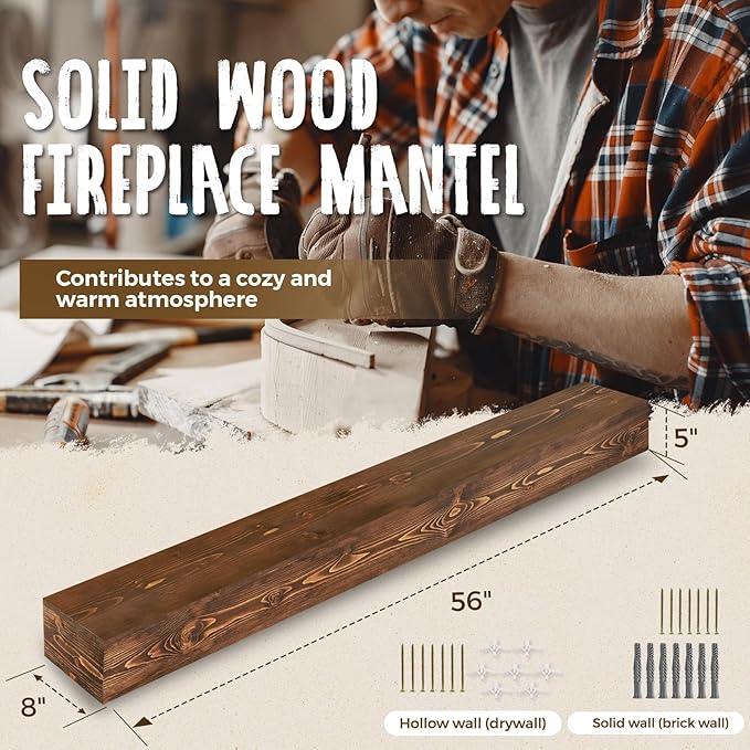 56x8x5 Fireplace Mantel - Handcrafted Hollow Rustic Solid Wood Wall Mounted Floating Shelf with Invisible Heavy Duty Wood Bracket (Weathered Brown)