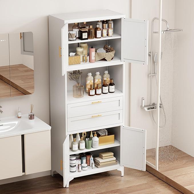 75” Tall Kitchen Pantry Storage Cabinet, Metal Bathroom Storage Cabinet with 2 Drawers and Adjustable Shelves, Kitchen Pantry Cupboard, Freestanding Cupboard for Bathroom, Living Room (White)