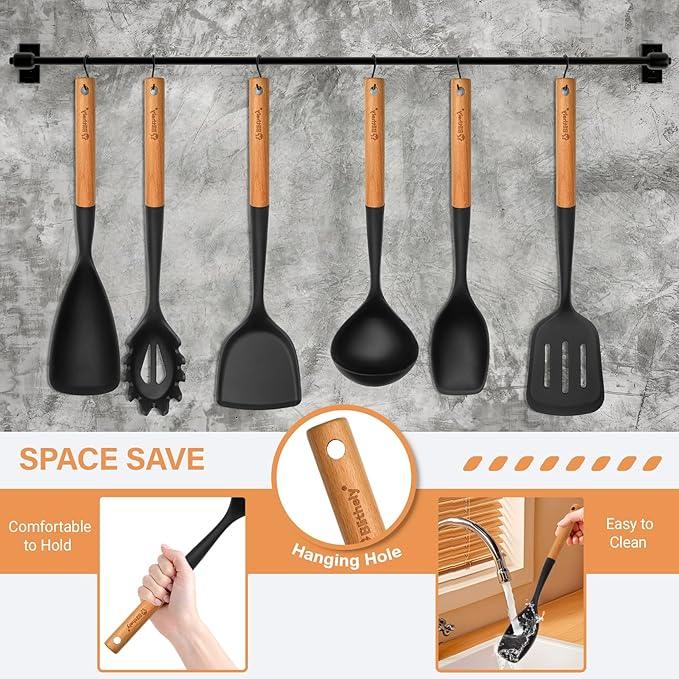 Silicone Cooking Utensils Set, 6 Pack Large Kitchen Utensils Set with Wooden Handle, Heat Resistant Silicone Utensil Spatula Set for Nonstick Cookware, Spatula, Turner, Spoon, Ladle BPA Free (Black)