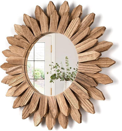 Honiway Wall Mirror Decorative 12 inch Rustic Wood Mirror Sunburst Boho Mirror for Entryway Bedroom Living Room Bathroom House Warming Gifts New Home Essential Carbonized Black