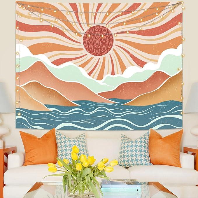 Lunerfex Boho Sun Tapestry Sunset Wall Tapestry, Mountain Tapestries for Bedroom 80s Tapestries Wall Hanging for Bedroom Living Room Decor Boho-2 60