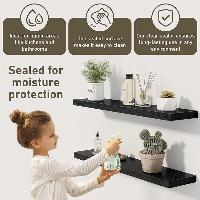 Fun Memories Black Floating Shelves 36 Inch Long, Rustic Farmhouse Bathroom Shelves Over Toliet, 36 x 8 Inch Floating Shelves for Wall, Deep Wall Shelf for Living Room, Kitchen, Bedroom, Set of 2
