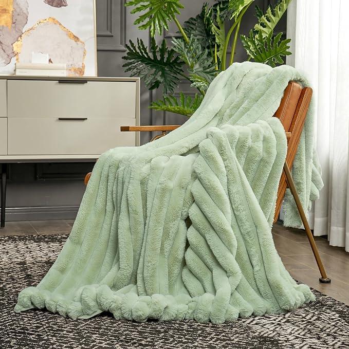 Cozy Bliss Faux Fur Throw Blanket for Couch, Cozy Warm Plush Striped Blanket for Sofa Bedroom Living Room, 50 * 60 Inches Sage Green
