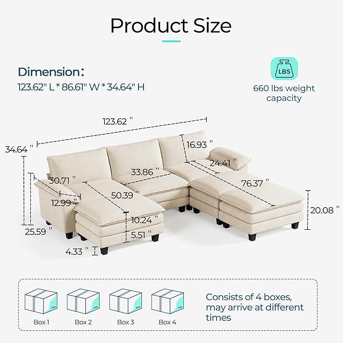 LINSY HOME Modular Sectional Sofa - 123'' Oversized Sleeper Sofa Cloud Couch Corduroy Sofa Bed with Movable Ottoman Soft Modern Comfy Couch for Living Room Apartment Office, Beige