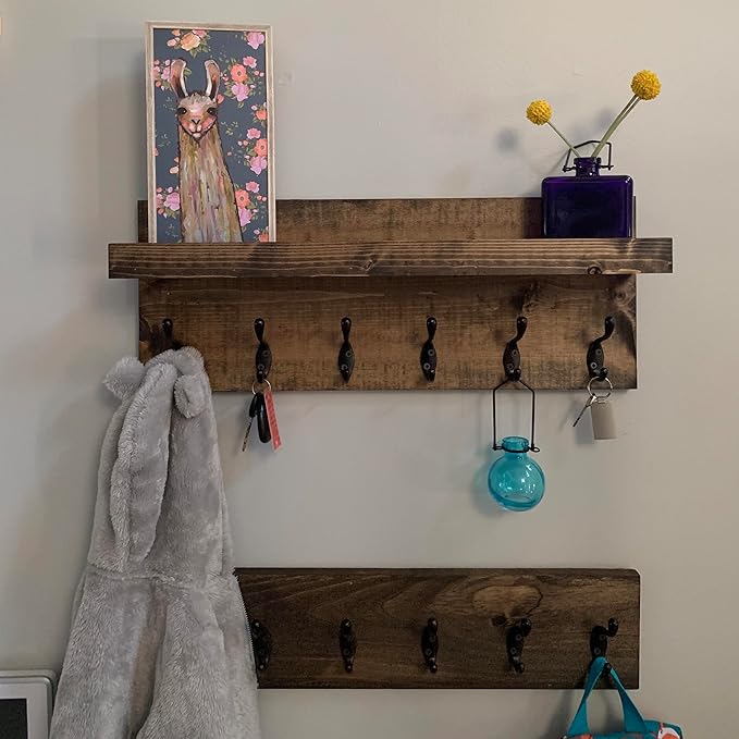 Coat Rack with Shelf Wall Mounted with Storage (Choose Your Length) Towel Rack Entryway Organizer Key Hooks (28