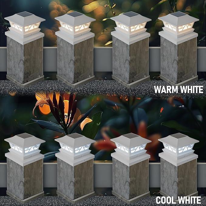 TW SHINE 4 Pack Solar Outdoor Fence Post Lights, 2 Modes Post Cap Lights Waterproof Warm White/Cool White for Yard, Garden, Porch, Patio Decor, for 4x4 5x5 6x6 Wood Posts, White