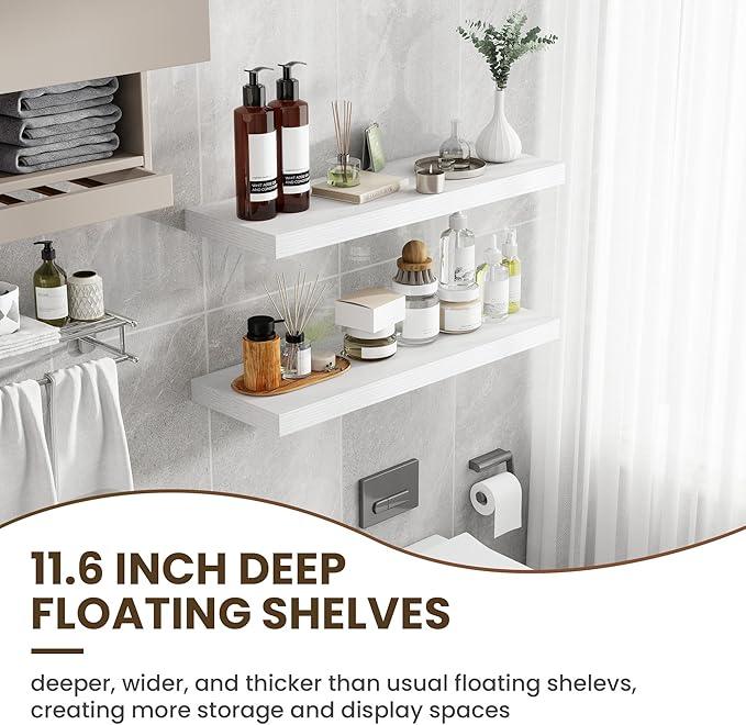 36 Inch Floating Shelves, 12 Inch Deep Floating Shelves for Wall, Floating Shelf with Invisible Brackets, Large Deep Wall Shelves for Bathroom, Bedroom, Living Room, 2 Pack, White