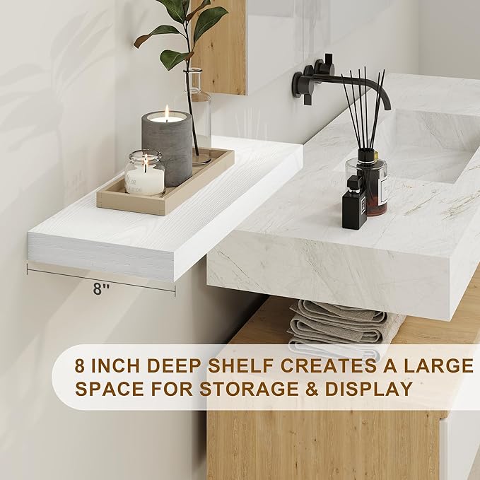 White Floating Shelves 48 Inch Long, 8 Deep Floating Shelves for Wall, Rustic 48