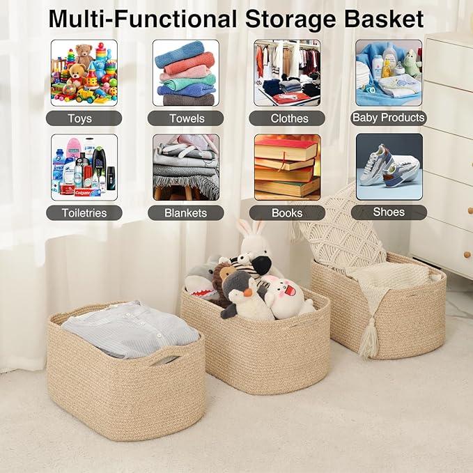 Large Storage Baskets for Organizing Shelves, Woven Cotton Rope Bins for Baby Nursery Organization, Book Toy Towel Organizer, 17