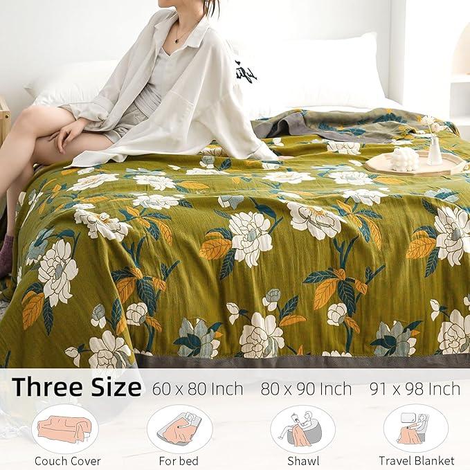 Boho Throw Blanket for Bed - 100% Pure Cotton Ultra Soft Rustic Quilt - Farmhouse Decor Bed Blankets, All Season Rustic Throw for Sofa Couch Chair(91''x 98'', Flower Branch)