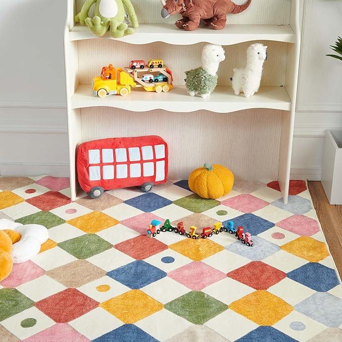 jinchan Runner Rug 2x5 Kids Hallway Washable Rug Indoor Soft Non Slip Modern Diamond Carpet for Nursery Room Bedroom Kitchen Laundry Room Circus on Cream