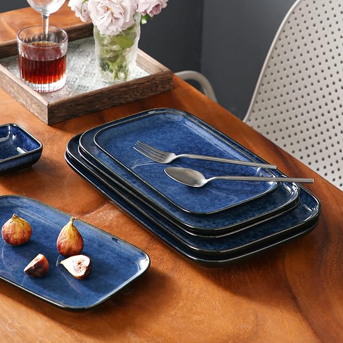 vancasso Stern Serving Platters Set of 3, 15/13/ 11 Inches Rectangular Serving Plates, Blue Serving Trays for Entertaining, Party