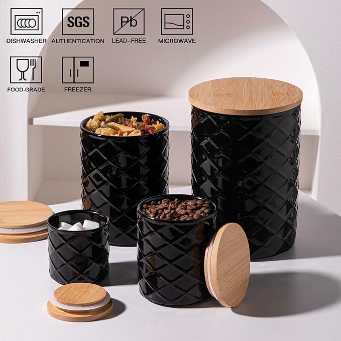 Sweejar Ceramic Canisters Sets for Kitchen Countertop, Relief Food Storage Jar with Bamboo Lid, Stackable Container for Flour, Coffee, Pasta, Cereal, Tea, Cookies, Sugar, Spices, Pack of 4 (Black)