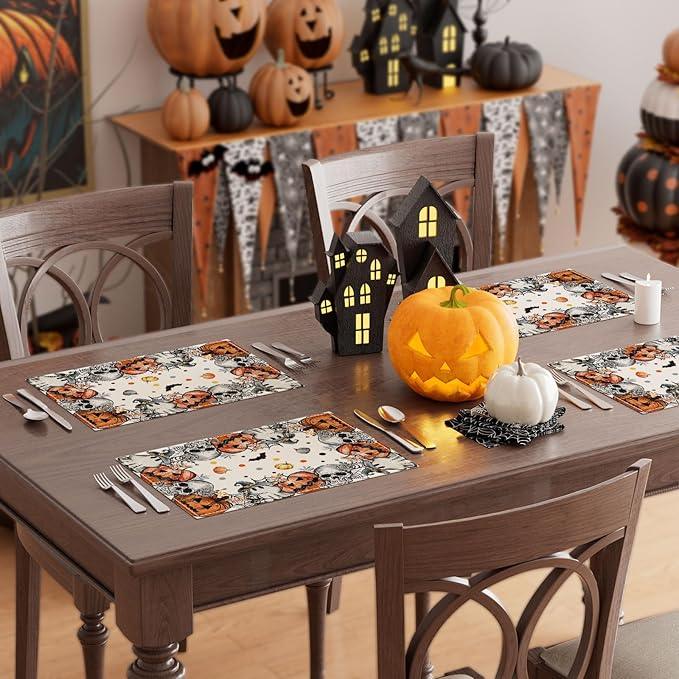 XCHI Spooky Skeleton Ghost Pumpkin Halloween Placemats Set of 4 Table Mats for Party Home Kitchen Dining Table Decorations 12x18 Inch