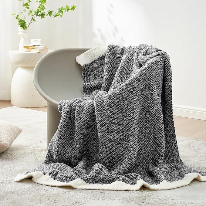 Snuggle Sac Heather Black Throw Blanket for Couch 50x70 inches, Super Soft Warm Blankets Cozy Knit Fuzzy Plush Lightweight Oversized Throws for Sofa, Bed, Camping, Picnic, Black, 50