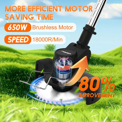 21V Electric Weed Wacker, Cordless Grass Trimmer with 2 Batteries & Charger, 3 in 1 Stringless Brush Cutter/Weed Eater/Edger/Lawn Mower with 3 Types Blade & Wheels for Garden and Yard Lawn