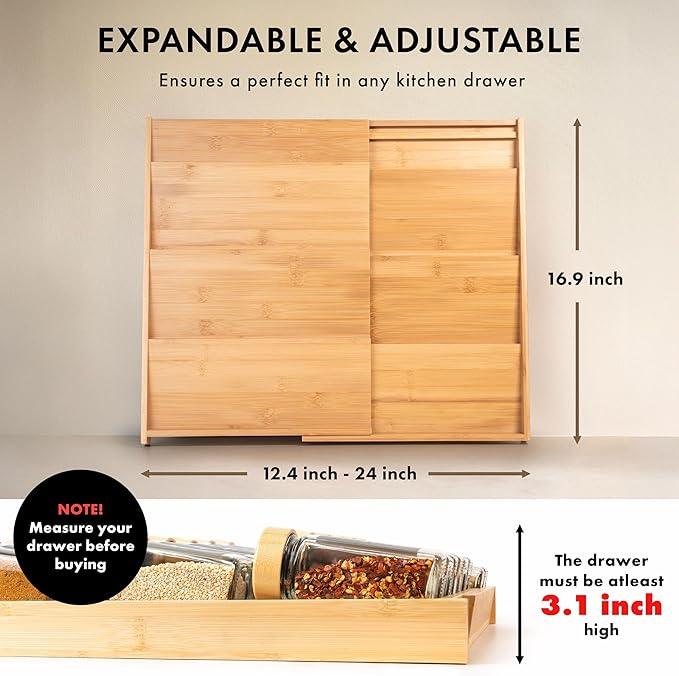 Bamboo Spice Drawer Organizer - Expandable 4 Tier Spice Rack (Need 3