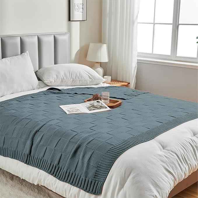 CozeCube Check Knit Throw Blanket, Dusty Blue Checkered Throw for Couch, Decorative Christmas Soft Cozy Warm Knitted Blanket for Bed Sofa Living Room, 50